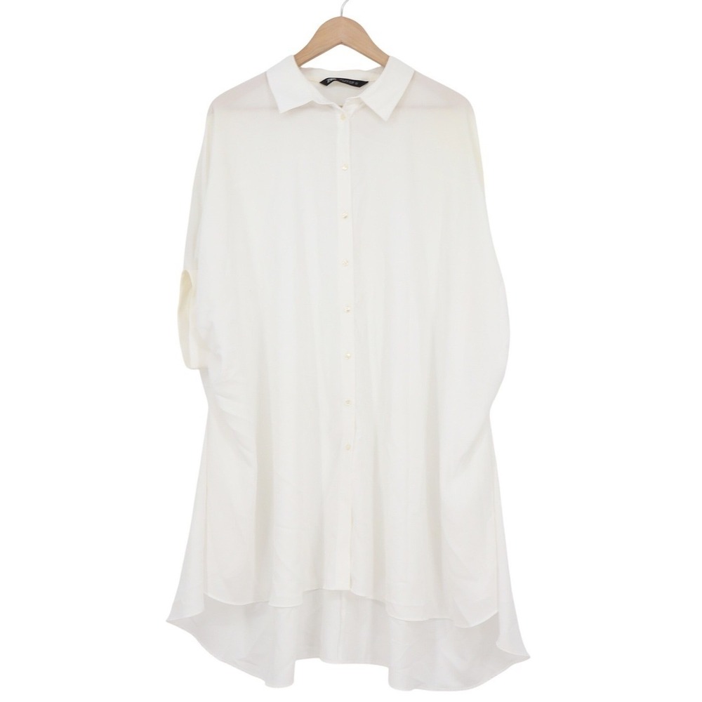 Zara Womens Oversized Button Down Shirt Dress White High Low Hem Short Sleeve S
